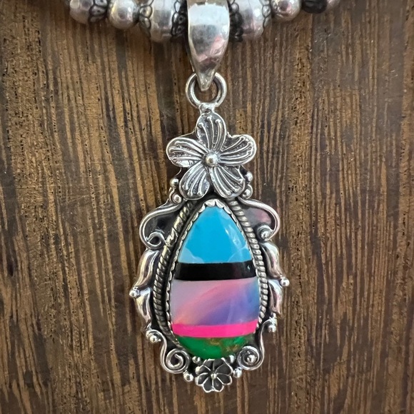 ❤️ Southwestern Stunning Aurora Opal Multi-Stone Inlay 925 Pendant 7.29gm - Picture 9 of 11